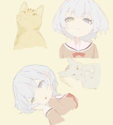2girls :3 bang_dream! bang_dream!_it&#039;s_mygo!!!!! blue_eyes cat closed_mouth commentary hanasakigawa_school_uniform hand_on_another&#039;s_cheek hand_on_another&#039;s_face heterochromia kaname_raana maa-chan_(sima) multiple_girls open_mouth raana_the_cat school_uniform serafuku short_hair white_hair yellow_background yellow_eyes