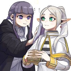 2girls black_robe bone_nigi capelet closed_mouth earrings eating elf fern_(sousou_no_frieren) food frieren green_eyes highres holding holding_food holding_sandwich jewelry long_hair long_sleeves looking_at_another multiple_girls pointy_ears purple_eyes purple_hair robe sandwich simple_background sousou_no_frieren twintails upper_body white_background white_capelet