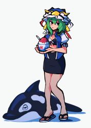 Rule 34 | 1girl, asymmetrical hair, bikini, black bikini, black eyes, black skirt, breasts, cleavage, closed mouth, flip-flops, front-tie bikini top, front-tie top, full body, green hair, highres, iganashi1, looking at viewer, medium breasts, multicolored bikini, pencil skirt, sandals, shiki eiki, short hair, short sleeves, simple background, skirt, solo, swimsuit, touhou, white background, white bikini