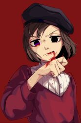 1boy beret black_eyes black_hat blood blood_from_mouth bob_cut brown_hair buttons clenched_hand collared_shirt colored_pencils_(paper_mario) commentary_request determined dress_shirt eyelashes floating_hair furrowed_brow hat heterochromia high_collar highres long_sleeves looking_at_viewer male_focus mario_(series) multicolored_eyes mumumu57hiro nintendo paper_mario paper_mario:_the_origami_king parted_lips personification puffy_long_sleeves puffy_sleeves red_background red_tunic shirt short_hair simple_background solo tunic upper_body v-shaped_eyebrows white_shirt wiping_blood