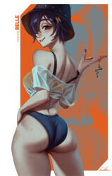 1girl absurdres ass bare_shoulders bekus belle_(zenless_zone_zero) bikini black_hat black_nails blue_bikini blue_hair body_freckles border breasts bucket_hat character_name commentary contrapposto cowboy_shot crop_top english_commentary freckles from_behind green_eyes grin hair_over_one_eye hand_on_own_hip hat highres large_breasts looking_at_viewer mole mole_on_ass mole_on_thigh multiple_moles nail_polish off-shoulder_shirt off_shoulder official_alternate_costume one_eye_covered outside_border see-through_clothes see-through_shirt shirt short_hair smile solo standing strap_slip swimsuit white_border white_shirt zenless_zone_zero