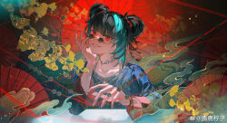 Rule 34 | 1girl, absurdres, aqua hair, autumn leaves, black background, black hair, blue shirt, changmingsuo, changmingsuo (guilongchao), coin, double bun, ginkgo leaf, grin, guilongchao, hair bun, hand on own chin, head rest, highres, holed coin, leaf, long sleeves, looking at viewer, looking over eyewear, luningzi, multicolored hair, neck tattoo, oil-paper umbrella, red eyes, red umbrella, round eyewear, shirt, short hair, single sidelock, smile, smoke, solo, streaked hair, string, sunglasses, tattoo, teeth, umbrella, upper body, watermark, weibo watermark