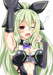 breasts cleavage dress green_hair hakozaki_chika highres kyou_(hibikit) long_hair medium_breasts neptune_(series) red_eyes stretching yawning