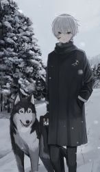 1boy aqua_eyes black_gloves blood blood_on_face blue_eyes breath cross cross_earrings dog earrings fingerless_gloves gloves grey_hair gun hair_between_eyes halo hand_in_pocket highres holding holding_gun holding_weapon husky jewelry looking_at_viewer male_focus mountain original outdoors ozx_x0 parted_lips snow snowing standing tree twig weapon