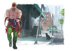 1boy 1girl abs alex_(street_fighter) black_gloves blonde_hair blue_eyes boots can cityscape clothes_around_waist combat_boots commentary_request dog drink_can facial_tattoo fingerless_gloves friendly_mutton_chops glove_pull gloves green_pants headband highres mouth_hold mullet muscular pants patricia_(street_fighter) plaid_clothes plaid_shirt red_headband scar shirt shirt_around_waist slice_of_life soda_can solo_focus sora-bakabon street_fighter street_fighter_iii_(series) street_fighter_v suspenders_hanging tattoo veins walking