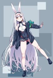 1girl animal_ears azur_lane balancing bikini bikini_bottom_only bikini_over_clothes black_dress black_jacket black_shoes breasts brown_eyes dress full_body gluteal_fold grin hairband highres jacket leaning_to_the_side legs legs_apart long_hair looking_at_viewer off_shoulder rabbit_ears rabbit_girl red_bikini shimakaze_(azur_lane) shirt shoes short_dress small_breasts smile solo standing standing_on_one_leg swimsuit thighs umyonge_(lkakeu) very_long_hair white_hair