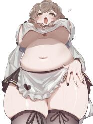 1girl aobaryuu apron bready_(nikke) breasts brown_eyes brown_hair from_below goddess_of_victory:_nikke highres huge_breasts large_breasts looking_at_viewer microskirt midriff nail_polish navel no_bra plump shirt skindentation skirt solo thick_thighs thighhighs thighs tongue tongue_out underboob white_apron white_background white_shirt