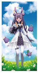 1girl absurdres black_gloves blue_sky blunt_bangs chrispy_tuna day diamond_hairband double_bun dress dress_flower fang flower gloves gradient_hair grass grey_hairband hair_bun hairband halo highres hololive hololive_english long_hair looking_at_viewer mole mole_under_eye multicolored_hair ninomae_ina&#039;nis ninomae_ina&#039;nis_(ina_the_hero) official_alternate_costume official_alternate_hairstyle open_mouth orange_hair orange_halo outdoors pantyhose pointy_ears purple_hair sky standing takodachi_(ninomae_ina&#039;nis) tentacle_hair virtual_youtuber white_dress white_pantyhose