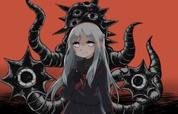 1girl black_eyes black_gloves black_shirt black_skirt blue_eyes blush braid closed_mouth gloves hand_up highres ichijou_michiru long_hair long_sleeves looking_at_viewer mieruko-chan monster moriyun multiple_eyes octopus pencil red_background sailor_collar school_uniform shirt simple_background skirt smile thorns very_long_hair white_hair