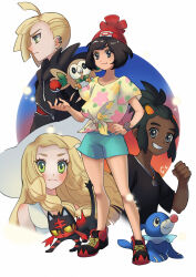 2boys 2girls animal_ears black_hair black_hoodie black_shirt blonde_hair brother_and_sister cat_ears cat_tail creatures_(company) dark-skinned_male dark_skin ear_piercing game_freak gen_7_pokemon gladion_(pokemon) green_eyes green_hair green_shorts hand_on_own_hip hat hau_(pokemon) highres hood hoodie lillie_(pokemon) litten looking_at_viewer multiple_boys multiple_girls nintendo piercing poke_ball poke_ball_(basic) pokemon pokemon_(creature) pokemon_sm popplio red_hat rowlet selene_(pokemon) shadeshark shirt shorts siblings smile tail teeth tied_shirt white_hat z-ring