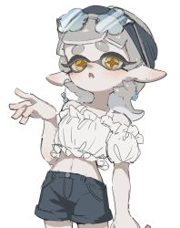 1girl alternate_costume bandana blunt_bangs blush collarbone cowboy_shot denim denim_shorts ear_piercing fang frilled_shirt frills grey_hair groin hand_up highres k_as_u long_hair looking_at_viewer lower_teeth_only marie_(splatoon) mole mole_under_eye navel nintendo open_mouth piercing pointy_ears shirt shorts solo splatoon_(series) splatoon_3 sunglasses_on_head teeth tentacle_hair white_background yellow_eyes