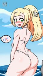 !? 1girl absurdres artist_name ass ass_focus back back-tie_bikini beach bikini blonde_hair blue_hair blush day dot_nose eyebrows eyelashes from_behind green_eyes hand_on_own_arm highres holding_own_arm huge_ass legs lillie_(pokemon) long_hair looking_at_viewer looking_back micro_bikini n00b0d1 nail_polish nervous_smile nintendo ocean official_alternate_hairstyle open_mouth petite pokemon pokemon_sm ponytail presenting ribs side-tie_bikini_bottom smile solo standing swimsuit thick_thighs thighs thong thong_bikini tongue water white_bikini wide_hips