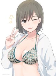 1girl :p blush bob_cut bra breasts brown_eyes cleavage collarbone commentary_request female_focus grey_hair hand_up ica long_sleeves looking_at_viewer medium_breasts one_eye_closed open_clothes open_shirt shirt short_hair simple_background smile solo star_(symbol) tongue tongue_out underwear upper_body v white_background white_shirt