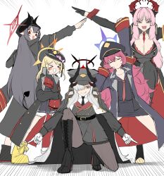 &gt;_&lt; 5girls absurdres arm_up armband bad_tag between_breasts black_gloves black_hair black_necktie blonde_hair blue_archive boots breasts chiaki_(blue_archive) cleavage collarbone demon_horns demon_tail dragon_ball dragonball_z emphasis_lines ginyu_force_pose gloves grey_eyes hair_between_eyes hair_over_one_eye halo hat height_difference high_heels highres horns ibuki_(blue_archive) iroha_(blue_archive) jacket jacket_on_shoulders large_breasts long_hair looking_at_viewer makoto_(blue_archive) military_hat military_jacket military_uniform mole mole_on_breast multiple_girls necktie necktie_between_breasts nubebenbe open_mouth pandemonium_society_(blue_archive) pantyhose pose_imitation red_eyes red_halo red_necktie satsuki_(blue_archive) school_uniform sharp_teeth shirt simple_background skirt sleeves_past_wrists standing standing_on_one_leg sweatdrop tail teeth white_hair white_shirt yellow_halo