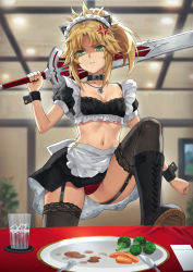 1girl alternate_costume anger_vein animal_ears blonde_hair boots braid breasts cat_ears clarent_(fate) cleavage collar crop_top cup enmaided fake_animal_ears fate/apocrypha fate_(series) food frills garter_straps green_eyes hair_ornament hair_scrunchie highres jewelry lace-up_boots long_hair looking_at_viewer maid maid_headdress mordred_(fate) mordred_(fate/apocrypha) necklace panties parted_bangs plate ponytail puffy_short_sleeves puffy_sleeves red_panties revision scrunchie shaded_face short_sleeves sidelocks small_breasts solo sword table tonee underwear weapon