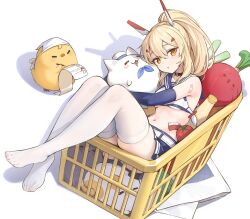1girl ayanami_(azur_lane) azur_lane blonde_hair blue_sailor_collar full_body hair_between_eyes hansum high_ponytail highres long_hair looking_at_viewer manjuu_(azur_lane) navel no_shoes orange_eyes parted_lips ponytail sailor_collar simple_background solo stomach thighhighs white_background white_thighhighs