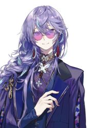 1boy blue_eyes blue_hair braid collared_shirt earrings hair_between_eyes hair_over_shoulder highres hoshirube_sho jewelry lapels long_hair looking_at_viewer male_focus meeen_l9l multicolored_hair nail_polish nijisanji official_alternate_costume purple_hair purple_shirt shirt simple_background single_braid smile solo streaked_hair tassel tassel_earrings tsurime two-tone_hair upper_body virtual_youtuber white_background