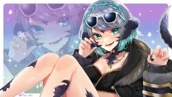 Rule 34 | 1girl, absurdres, aqua eyes, aqua hair, au ra, black jacket, blue hair, braid, breasts, cleavage, commission, crop top, crown braid, dog tags, dragon girl, dragon horns, dragon tail, final fantasy, final fantasy xiv, fliz ts, fur-trimmed jacket, fur trim, highres, horns, jacket, jewelry, looking at viewer, multicolored hair, necklace, open mouth, scales, skeb commission, solo, tail, two-tone hair, warrior of light (ff14), zoom layer