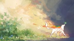 Rule 34 | amaterasu (ookami), brush stroke, chiaroscuro, dappled sunlight, field, fire, floral background, flower, flower field, full-body cast, grass, highres, issun, markings, nature, on grass, ookami (game), outdoors, reflector (ookami), scenery, sunlight, toonoot, white wolf, wolf