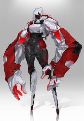 Rule 34 | 1girl, absurdres, black skin, bodysuit, breasts, closed eyes, colored skin, covered navel, echanis enicha, extra arms, grey background, highres, jacket, large breasts, leg armor, long arms, medium hair, original, robot girl, thick thighs, thighs, white hair, wide hips