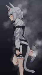 1girl animal_ears black_jacket black_shorts bob_cut bow braid brown_eyes closed_mouth commentary crown_braid ear_ribbon folded_ponytail from_side frown fujimasa_march_(umamusume) grey_hair gym_shorts highres horse_ears horse_girl horse_tail jacket kakuteru_sudachi kasamatsu_tracen_training_uniform leg_up long_sleeves looking_to_the_side no_socks removing_shoes shoes short_hair shorts sneakers solo standing standing_on_one_leg steam sweat sweatdrop tail translated umamusume umamusume:_cinderella_gray white_shoes