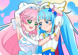 2girls ahoge arm_up armband armpits ascot blue_bow blue_cape blue_dress blue_eyes blue_hair blush bow braid cape closed_mouth commentary cure_prism cure_sky cut_bangs dress earrings elbow_gloves gloves green_eyes hair_bow hair_ornament heart hirogaru_sky!_precure jewelry long_hair looking_at_another magical_girl multicolored_hair multiple_girls nijigaoka_mashiro open_mouth pink_hair precure side-by-side sleeveless sleeveless_dress smile sora_harewataru streaked_hair symmetrical_hand_pose tiler_(tiler00) twin_braids twintails two-tone_hair white_ascot white_bow white_dress white_gloves
