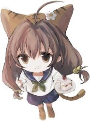 1girl ahoge animal_hat bell blue_shorts brown_eyes brown_hair cake cake_slice cat_hat cat_tail chewing di_gi_charat eating eyelashes food fork from_above full_body green_neckerchief hair_bell hair_ornament hat holding holding_fork holding_plate looking_at_viewer neckerchief plate puchiko rennnge sailor_collar school_uniform shorts solo tail