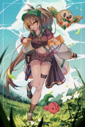 1girl 2others :o alternate_costume baseball_cap black_socks brown_eyes brown_hair cherubi cloud cloudy_sky creatures_(company) crop_top falling_petals feather_hair_ornament feathers field fingerless_gloves flower game_freak gen_4_pokemon gen_7_pokemon gloves grass green_headwear green_neckerchief hair_ornament hairclip hat holding holding_poke_ball hololive hololive_english jacket long_hair looking_at_viewer multicolored_hair multiple_others nanashi_mumei navel neckerchief nintendo off_shoulder petals poke_ball pokemon ponytail pouch rowlet sailor_collar shoes short_shorts shorts sky sneakers socks streaked_hair the0neulost thigh_strap two-tone_headwear very_long_hair virtual_youtuber waist_poke_ball white_headwear white_jacket