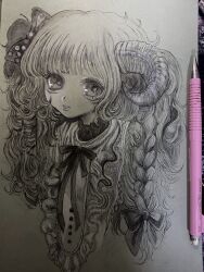 1girl absurdres aegyo_sal bow braid curled_horns expressionless hair_bow highres horns hwitmsikt long_hair looking_at_viewer monochrome original parted_lips photo_(medium) solo traditional_media upper_body wavy_hair