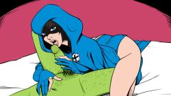 1boy 1girl ass beast_boy_(dc) bed blue_eyes colored_skin couple dc_comics fellatio green_skin licking licking_penis looking_at_viewer navel oral penis pubic_hair raven_(dc) teen_titans thick_thighs thighs uncensored