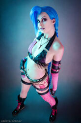 Rule 34 | 1girl, blue hair, breasts, cosplay, full body, highres, jinx (league of legends), jinx (league of legends) (cosplay), legs, long hair, real life, sexually suggestive, shorts, small breasts, solo