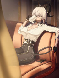1girl black_choker black_eyes black_gloves black_horns black_tail breasts choker coffee_mug collared_shirt commentary cup curled_horns demon_tail english_commentary gloves grey_hair hair_between_eyes high-waist_pants highres holding holding_cup horns large_breasts long_hair mug multicolored_hair muwon pants shirt shirt_tucked_in sitting solo streaked_hair tail tight_clothes tight_pants white_shirt wuthering_waves zani_(wuthering_waves)