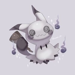 alternate_color artist_name colored_skin commentary_request fire gen_7_pokemon grey_background grey_skin highres iwasi_29 mimikyu nintendo no_humans pokemon pokemon_(creature) shiny_pokemon simple_background solid_oval_eyes sparkle tail twitter_username wavy_mouth