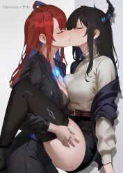 2girls absurdres alternate_costume aou13093 black_hair black_horns black_jacket black_pants black_shorts black_thighhighs blue_hair breast_press breasts closed_eyes colored_inner_hair elizabeth_rose_bloodflame formal_clothes highres hololive hololive_english horns jacket kiss large_breasts leg_lift micro_shorts multicolored_hair multiple_girls nerissa_ravencroft pant_suit pants red_hair shorts suit suit_jacket sweater thighhighs turtleneck turtleneck_sweater virtual_youtuber white_sweater yuri