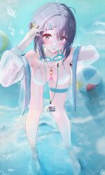 1girl absurdres aqua_eyes arknights ball bare_shoulders beachball bikini blue_hair blush breasts commentary_request feather_hair g11_and_bang goggles goggles_around_neck hair_bun hair_intakes hand_on_own_hip highres id_card jacket la_pluma_(arknights) la_pluma_(summer_flowers)_(arknights) lanyard leaning_forward looking_at_viewer medium_breasts off_shoulder official_alternate_costume open_clothes open_jacket open_mouth see-through_clothes see-through_jacket short_hair single_side_bun solo standing swimsuit thighs wading water whistle whistle_around_neck white_bikini