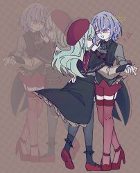 ... 2girls absurdres amoris_(bang_dream!) bang_dream! bang_dream!_it&#039;s_mygo!!!!! black_capelet black_nails black_pantyhose black_skirt brown_background capelet earth_(planet) foxxx-deal garter_straps green_hair hand_on_another&#039;s_shoulder hand_on_another&#039;s_waist heart high_heels highres holding_hands long_hair mary_janes medium_hair mortis_(bang_dream!) mortis_(costume)_(bang_dream!) mortis_(persona)_(bang_dream!) multiple_girls open_mouth pantyhose parted_lips pink_eyes planet purple_hair red_hair red_shoes red_thighhighs shoes skirt smile spoken_ellipsis thighhighs wakaba_mutsumi yellow_eyes yuri yuutenji_nyamu