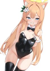 1girl animal_ear_fluff animal_ears aqua_eyes bare_shoulders black_bow black_thighhighs blue_archive bow breasts collarbone detached_collar flower halo highres leotard loli long_hair mari_(blue_archive) orange_hair playboy_bunny simple_background skindentation small_breasts smile solo thighhighs white_background white_flower yellow_halo zarashi