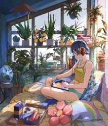1girl animated blue_socks cookie cracker drawing drawing_tablet electric_fan food fruit headphones lemon ligton1225 plant shorts sitting socks tank_top video watermelon watermelon_slice