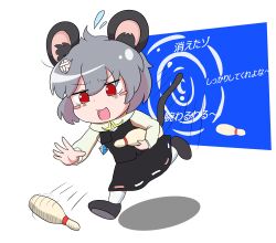 1girl animal_ears black_skirt black_vest bowling_pin commentary_request cookie_(touhou) full_body gomimaro grey_hair grey_shoes highres jewelry long_sleeves mouse_ears mouse_girl mouse_tail nazrin necklace nyon_(cookie) open_mouth pendant red_eyes running shirt shoes short_hair skirt skirt_set socks solo tail thighhighs touhou translation_request v-shaped_eyebrows vest white_background white_shirt white_socks