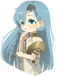 Rule 34 | 1girl, 37 (reverse:1999), armlet, bare shoulders, blue eyes, blue hair, cropped torso, daku k, deformed, gold choker, hair between eyes, hand on own chin, hand on own elbow, hand up, highres, jewelry, long hair, looking at viewer, open mouth, reverse:1999, solo, stroking own chin, toga, upper body, very long hair, white background