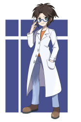 1boy adjusting_eyewear asatsuki_(fgfff) blue-framed_eyewear bright_pupils brown_eyes brown_hair brown_shoes buttons closed_mouth coat commentary_request full_body hand_in_pocket hand_up happy highres lab_coat male_focus nate_(pokemon) nintendo pants pokemon pokemon_bw2 pokestar_studios semi-rimless_eyewear shirt shoes short_hair smile solo standing white_coat white_pupils