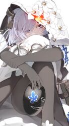 1girl absurdres ass black_bow black_mask black_pantyhose blue_eyes book bow capelet commentary_request covered_mouth detached_sleeves dress edelweiss_(shadowverse) hair_bow highres holding_own_arm hood hood_up hooded_capelet hugging_own_legs ichien_ekaki looking_at_viewer mask medium_hair pantyhose shadowverse shadowverse:_worlds_beyond simple_background sitting solo white_background white_bow white_capelet white_dress white_hair