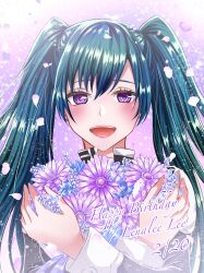 1girl black_coat black_order_uniform blue_flower blush coat collared_coat d.gray-man falling_petals flower gradient_background green_hair hair_between_eyes happy_birthday highres holding holding_flower lenalee_lee lipgloss long_hair looking_at_viewer mimo0211 open_mouth petals purple_background purple_eyes purple_flower purple_petals sidelocks smile solo striped_coat twintails white_background white_stripes