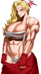 Rule 34 | 1girl, abs, absurdres, akemi (blue archive), biceps, blue archive, breasts, chest sarashi, delinquent, fingerless gloves, fluffy hair, gloves, halo, highres, large breasts, long hair, looking at viewer, mole, mole under eye, muscular, muscular female, navel, red gloves, red halo, red skirt, sarashi, simple background, skirt, solo, sotcho, sukeban, white background