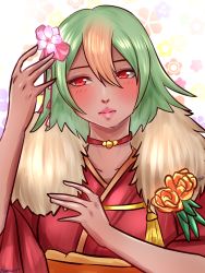 1girl alternate_costume choker dark-skinned_female dark_skin female_focus fire_emblem fire_emblem_heroes floral_background flower fur-trimmed_kimono fur_trim green_hair hair_between_eyes hair_flower hair_ornament head_tilt highres japanese_clothes kimono laegjarn_(fire_emblem) laegjarn_(new_year)_(fire_emblem) looking_at_viewer multicolored_hair nintendo orange_hair red_choker red_eyes short_hair solo streaked_hair two-tone_hair upper_body yumikari07