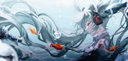 Rule 34 | 1girl, absurdres, air bubble, aqua hair, aqua necktie, black sleeves, bubble, caustics, closed eyes, closed mouth, commentary, day, detached sleeves, english commentary, film grain, fish, floating clothes, floating hair, from side, hatsune miku, headphones, highres, long hair, muted color, necktie, number tattoo, ocean, shirt, single bare shoulder, sleeveless, sleeveless shirt, solo, sunlight, tattoo, twintails, unconscious, underwater, upper body, very long hair, vocaloid, white shirt, wistariaiai