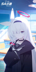 1girl absurdres arm_at_side artist_name black_choker black_coat black_hairband black_sailor_collar black_serafuku black_shirt black_skirt blue_archive blunt_bangs blurry blurry_background bow braid chair choker classroom closed_mouth coat collarbone commentary copyright_name cropped_shirt day depth_of_field desk dot_nose expressionless grey_eyes hair_bow hair_ornament hair_over_one_eye hairband halo hayate_(1034853996) highres indoors long_hair looking_at_viewer neckerchief open_clothes open_coat parted_bangs plana_(blue_archive) pleated_skirt red_halo red_pupils sailor_collar sailor_shirt school_chair school_desk school_uniform serafuku shirt sidelocks single_braid skirt sleeves_past_fingers sleeves_past_wrists solo upper_body very_long_hair white_bow white_hair white_neckerchief window window_shadow