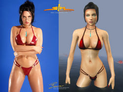 3d bianca_beauchamp bikini black_hair breasts cleavage comparison cosplay cosplay_photo elexis_sinclaire glasses green_eyes jewelry large_breasts multi-strapped_bikini nail_polish navel necklace photo_(medium) red_bikini red_nails sin_(game) standing swimsuit thong_bikini wading water