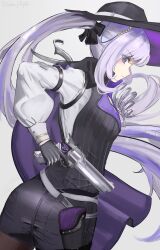 Rule 34 | 1girl, absurdres, artist name, artist request, ass, back, black gloves, black vest, breasts, cape, curly hair, detective (silver palace), fedora, female detective (silver palace), female focus, full body, gloves, gun, handgun, hat, highres, hip vent, holding, holding gun, holding weapon, long hair, looking at viewer, looking back, medium breasts, narrow waist, purple cape, purple hair, revolver, shorts, silver palace, solo, solo focus, thighhighs, vest, weapon, wide hips