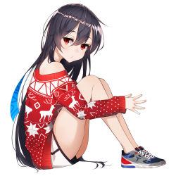 1girl absurdres black_hair blush boku_no_kanojo_wa_ningyohime!? christmas closed_mouth dolphin_shorts female_focus from_side gym_shorts hair_between_eyes highres legs_together long_hair looking_at_viewer making-of_available off_shoulder own_hands_together red_eyes shoes short_shorts shorts simple_background sitting sneakers solo the_cold thighs very_long_hair white_background
